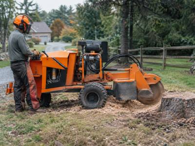 Grinder clearing a large stump down to grade